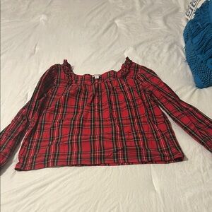 J. Crew Factory Red Plaid Ruffle Blouse